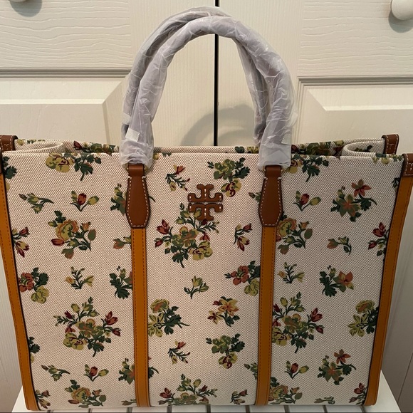 Tory Burch jumbo canvas tote shoulder bag natural rose floral yellow beige - Picture 4 of 14
